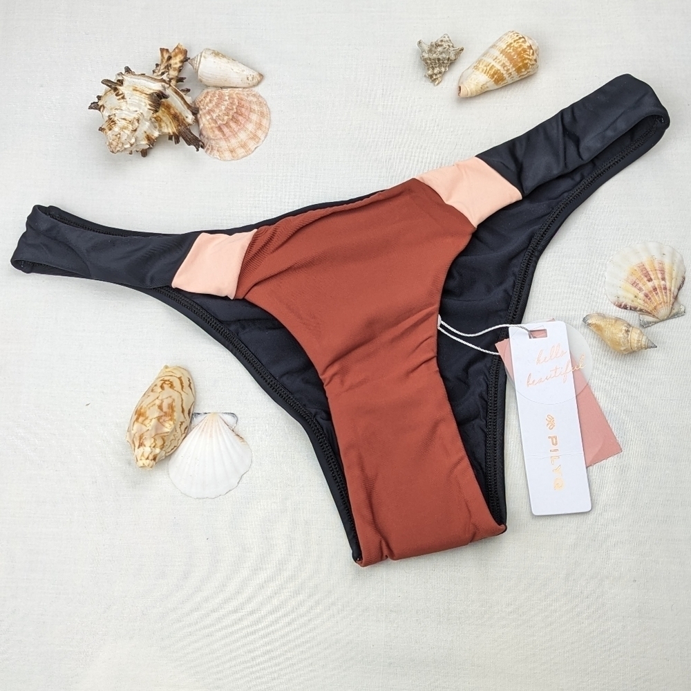 PilyQ Color Block Burnt Orange Peach BlackTeeny Cheeky Bikini Bottom